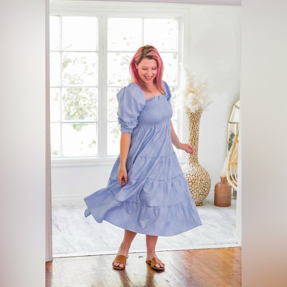 Hill House Home Nesli Nap Dress in Light Blue Glitter Check Metallic Size Small - Picture 2 of 8